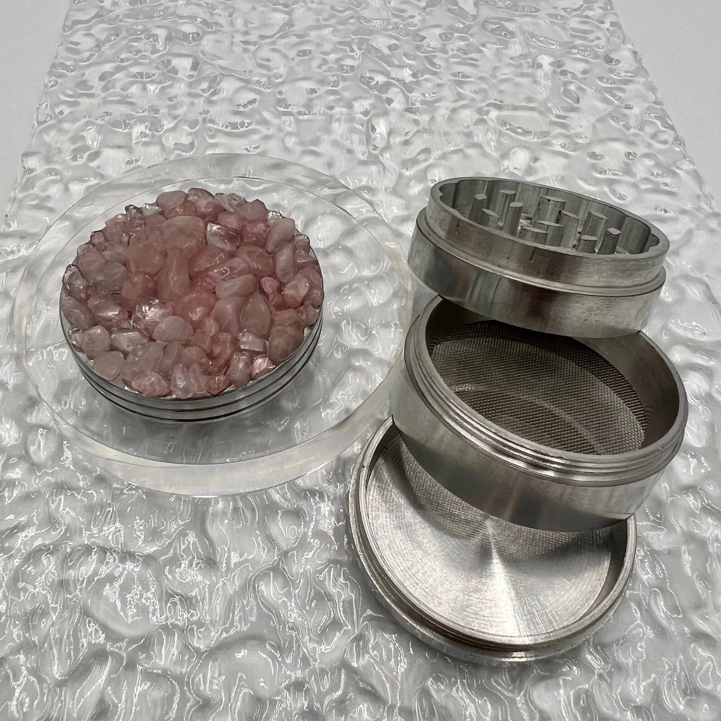 Rose Quartz Magnetic Metal Grinder with Catcher – 50 mm - Silver Flowerpot Greenery