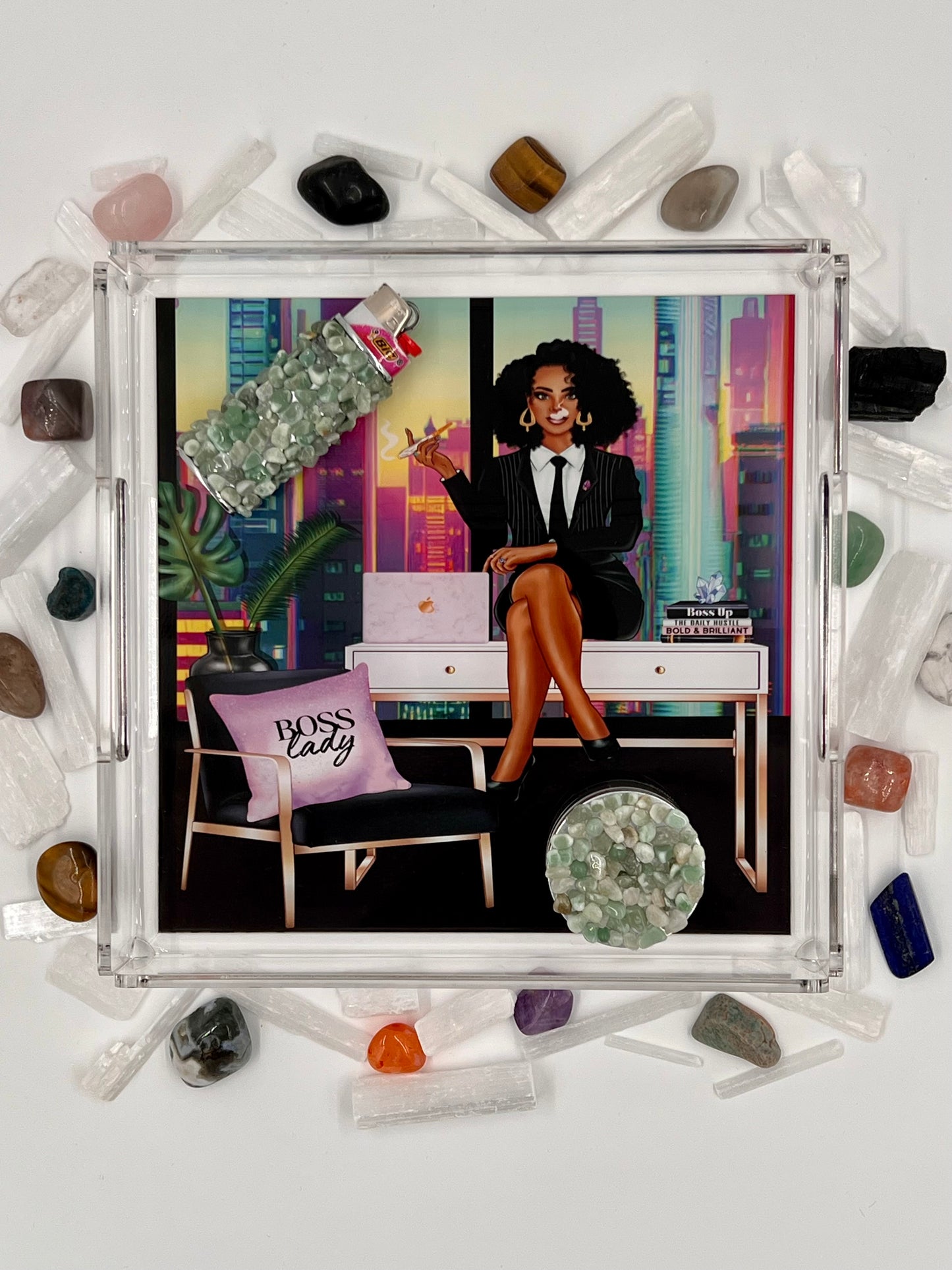 'Boss Lady' Acrylic Tray + Crystal Lighter Case + Crystal Grinder Bundle