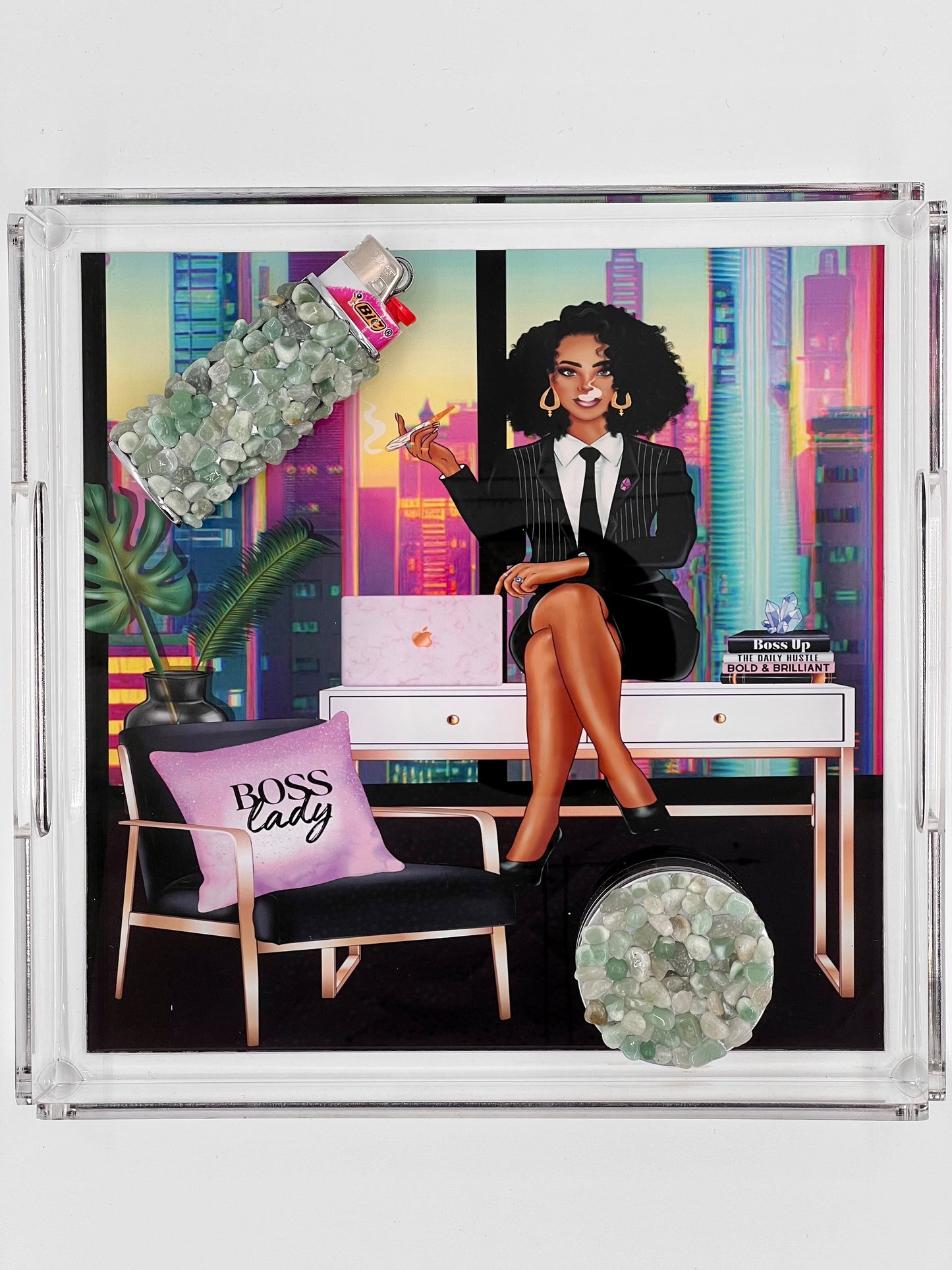 'Boss Lady' Acrylic Tray + Crystal Lighter Case + Crystal Grinder Bundle