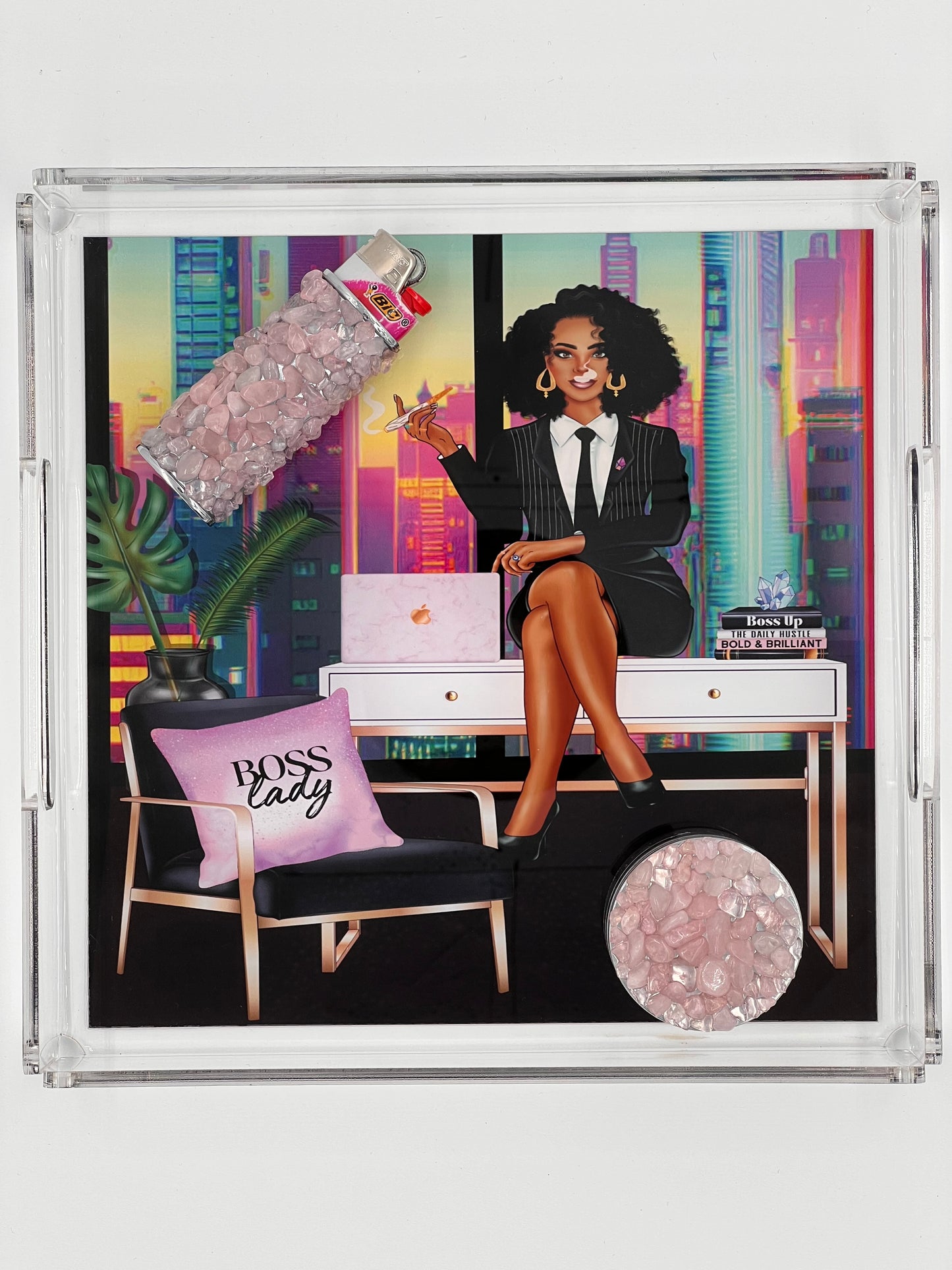 'Boss Lady' Acrylic Tray + Crystal Lighter Case + Crystal Grinder Bundle
